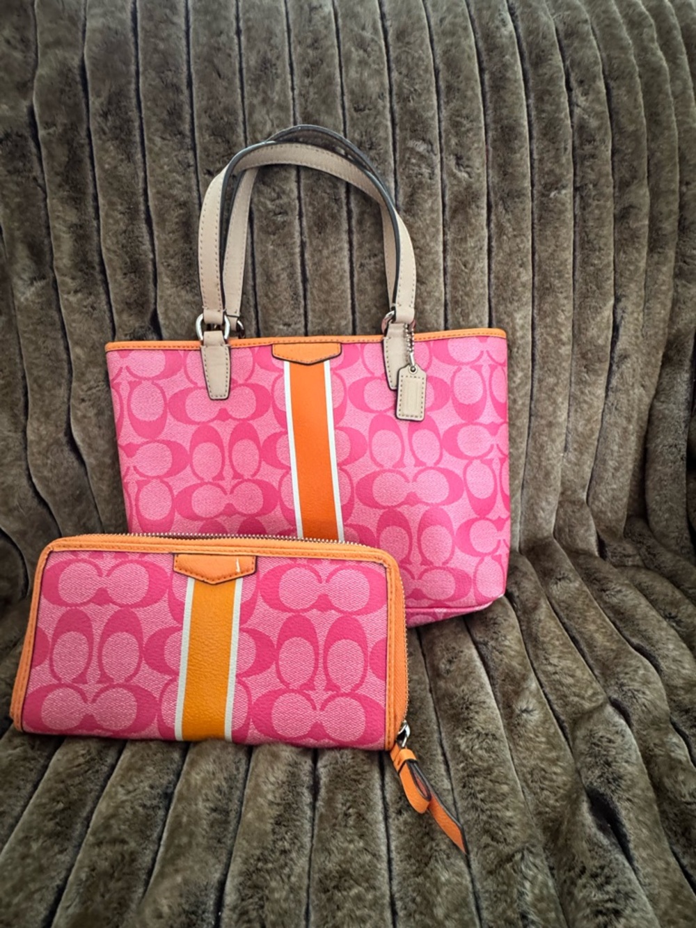 Coach Pink Signature Stripe Tote with Orange Accent and Cream Trim